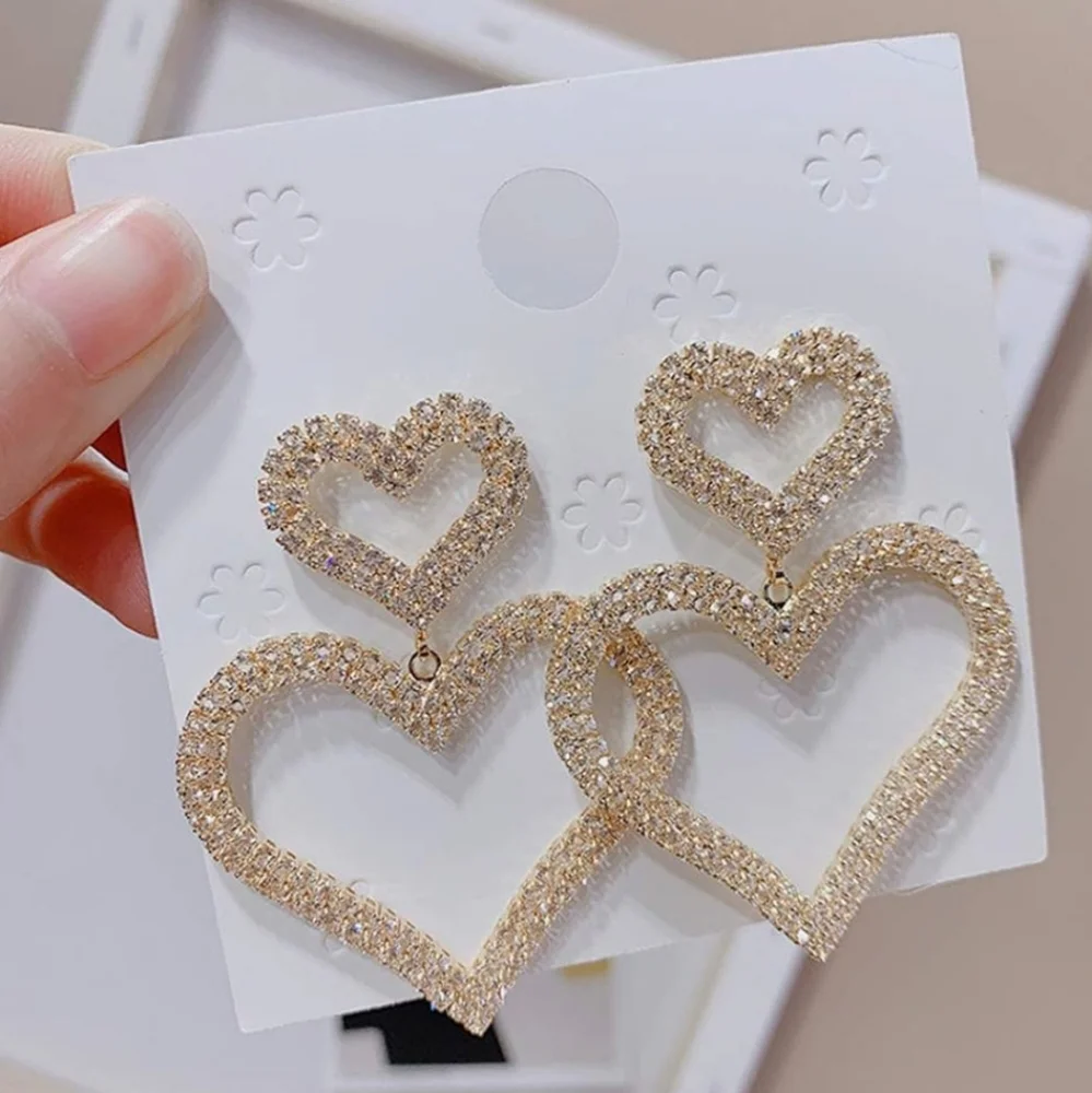 Rhinestone Heart Drop Earrings Statement Earrings Gold or Silver - Picture 4 of 13